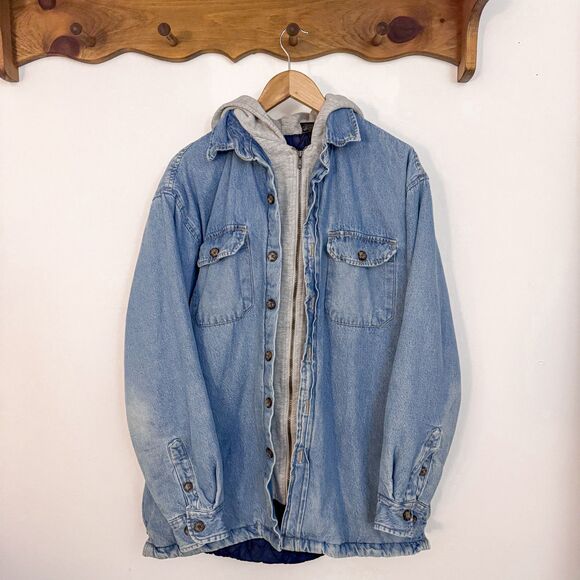 VTG 90s Heavy Double Layered Denim Hoodie Barn Chore Reservoir Workwear Jacket - Picture 1 of 6
